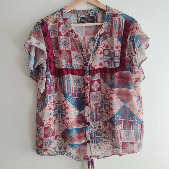Double D Ranch Prairie Patch Western Blouse XL Bohemian Flutter Sleeve Top - Picture 12 of 12